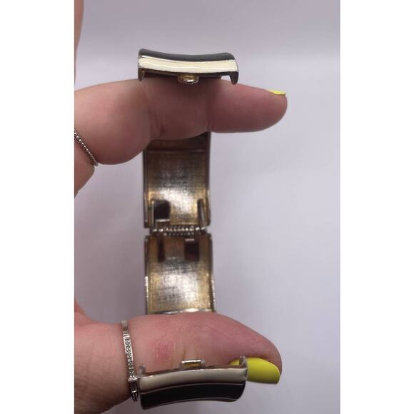 Black And White Striped With Rhinestone Cuff Statement Bracelet - Picture 2 of 4